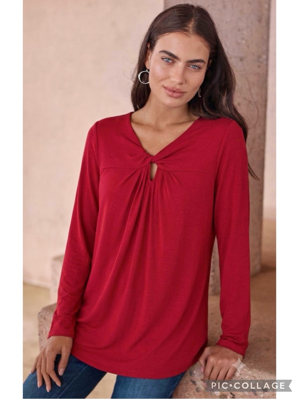 J. Jill Red Knit Keyhole Twist Neck Long Sleeve Tunic Top S Party Clean Girl